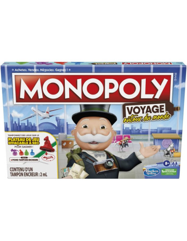 Hasbro Gaming Monopoly Voyage Autour du Monde - Jeu de société pour Famille et Enfants, Pions-tampons encreurs, Plateau de Jeu