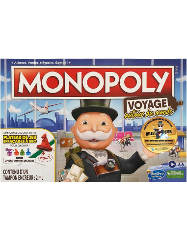 Hasbro Gaming Monopoly Voyage Autour du Monde - Jeu de société pour Famille et Enfants, Pions-tampons encreurs, Plateau de Jeu